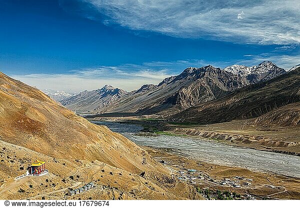 View of Spiti valley and Spiti river in Himalayas. Spiti valley  Himachal Pradesh  India  Asia