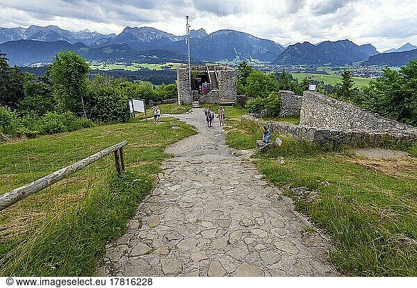 View of the Alps with Aggenstein and Breitenberg in the middle  Eisenberg castle ruins near Pfronten  Allgäu  Bavaria  Germany  Europe