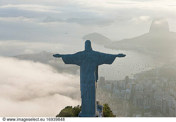View of the Art Deco statue of Christ the Redeemer on Corcovado mountain in Rio de Janeiro  Brazil.