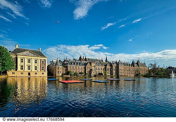 View of the Binnenhof House of Parliament and Mauritshuis museum and the Hofvijver lake  The Hague  Netherlands