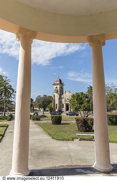 View of the Catholic Church across the town square in Nueva Gerona on Isla de la Juventud  Cuba.