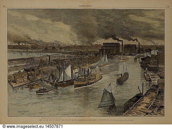 View of the City of Chicago from the top of the Light-House at the Mouth of the River  Drawn by Schell and Graham  Harper's Weekly  June 7  1884