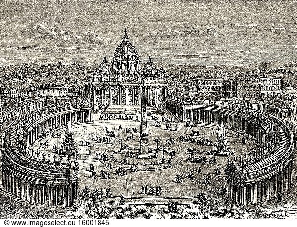 View of the colonnade around the square and St Peter's basilica  Rome. Italy  Europe. Trip to Rome by Francis Wey 19Th Century.