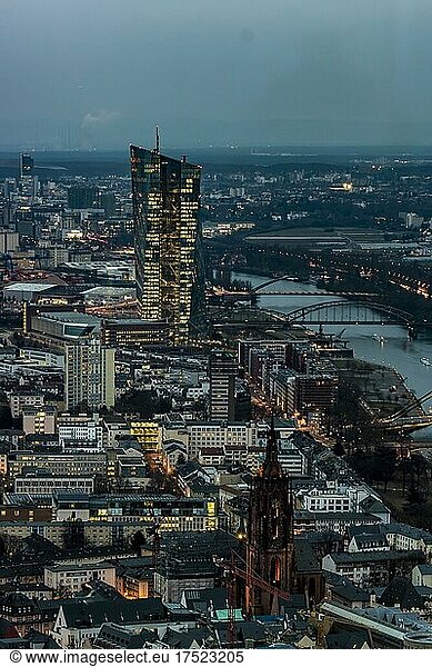 View of the ECB  the Kaiserdom  at daybreak  Frankfurt am Main  Hesse  Germany  Europe