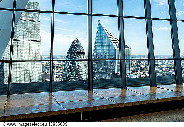 View of the Gherkin and the skyline of the city of london blue sky