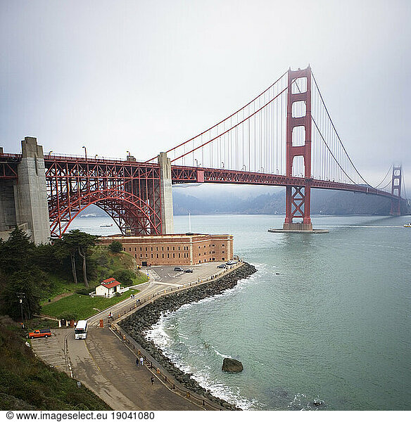 View of the Golden Gate Bridge from above Fort Point National Historic Site  San Francisco  California.