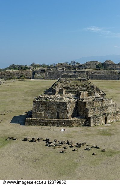 View of the Grand Plaza from the South Platform of Monte Alban (UNESCO World Heritage Site)  which is a large pre-Columbian archaeological site in the Valley of Oaxaca region  Oaxaca  Mexico.