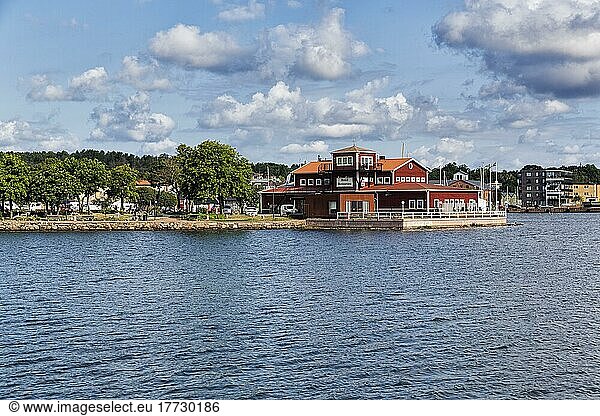 View of the hotel  restaurant and town from the ferry harbour  Oskarshamn  Kalmar län  Småland  Sweden  Europe