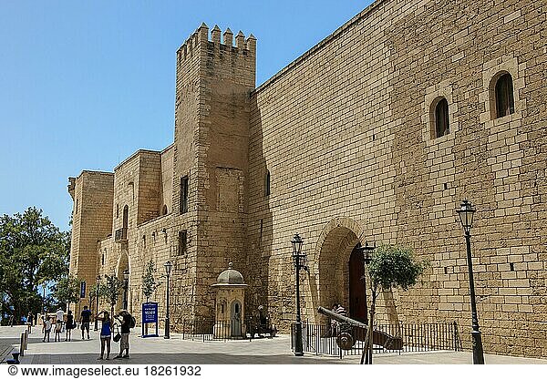 View of the main entrance and tower of Alcázar Real Palazzo Reale dell Almudaina  Royal Palace La Almudaina  Residence of Spanish Royal Family  Palma de Majorca  Majorca  Spain  Europe