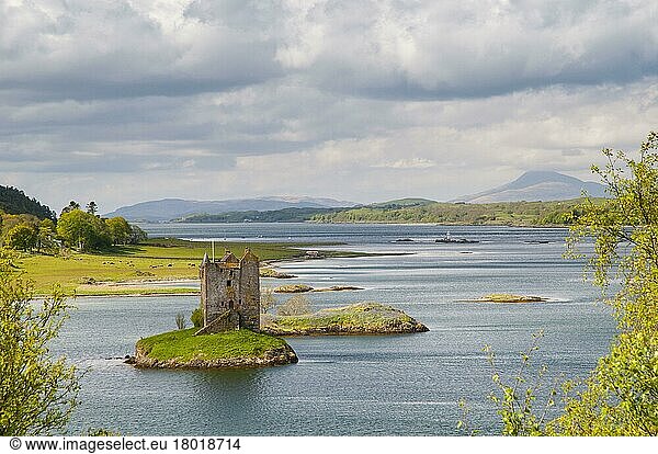 View of the medieval tower house on Tidal Island  Castle Stalker  Loch Linnhe  Portnacroish  Argyll  Highlands  Scotland  United Kingdom  Europe