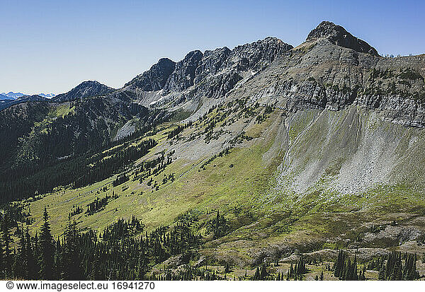 View of the North Cascade Range across a valley on the Pacific Crest Trail