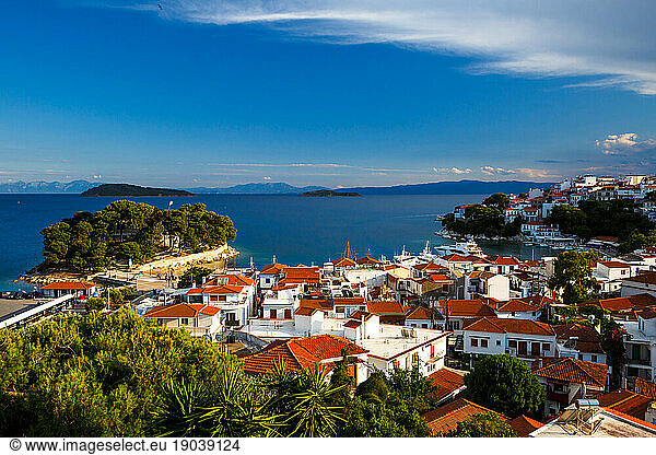 View of the old harbour on Skiathos island.