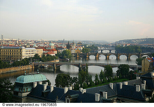 View of the River Vltava and bridges from Letna hill  Prague  Czech Republic.