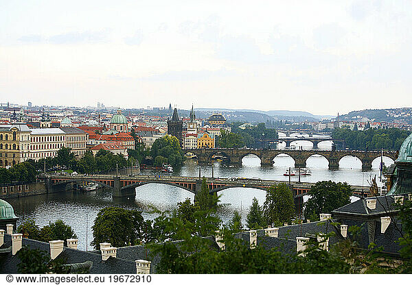 View of the River Vltava and bridges from Letna hill  Prague  Czech Republic.