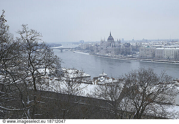 View of the Royal Palace in Budapest  Hungary  looking across the Danube River.