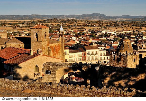 View of the San Martín Church and the Alfiler Tower. Trujillo  Spain.