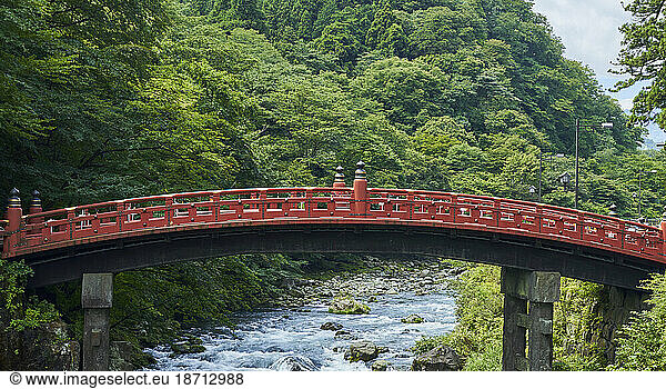 View of the Shinkyo bridge  Tochigi Prefecture  Nikko. Historic japanease bridge ranked as one of Japan's three finest bridges. Sacred bridge at the entrance of Nikko's shrines and