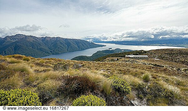 View of the South Fiord of Lake Te Anau  Murchison Mountains  back of Luxmore Hut  Kepler Track  Great Walk  Fiordland National Park  Southland  New Zealand  Oceania