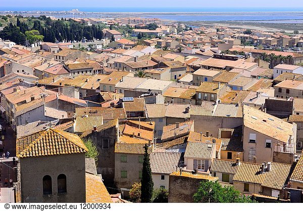 View of the tower of Our Lady of Asunción church and Gruissan town  Narbonne  Languedoc-Roussillon  France
