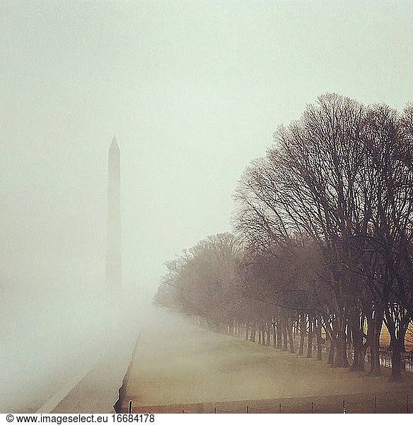 View of The Washington Monument during a foggy day