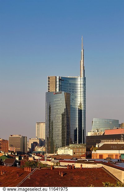 View of Unicredit Tower in Porta Nuova district  Milan  Italy.