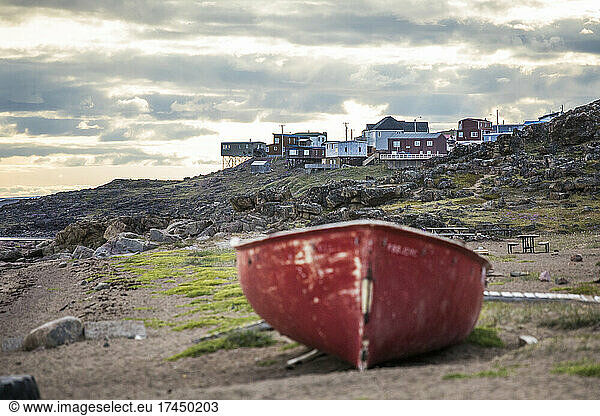View of unique homes in Iqaluit from the beach at Hudson Bay Company.