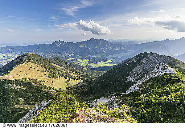 View of valley between Breitenstein and Wendelstein mountains in summer