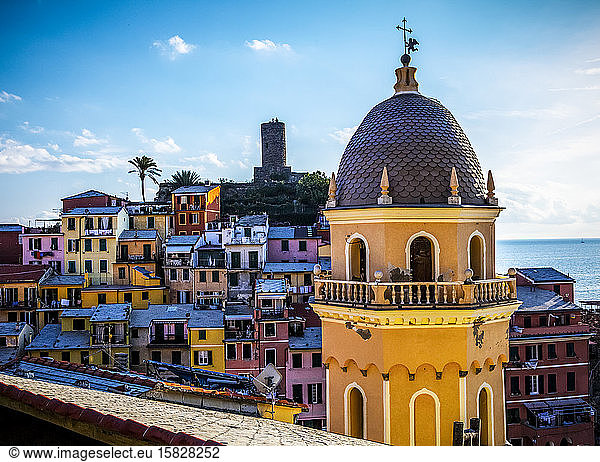 View of Vernazza church and rooftops in Cinque Terra  Italy.