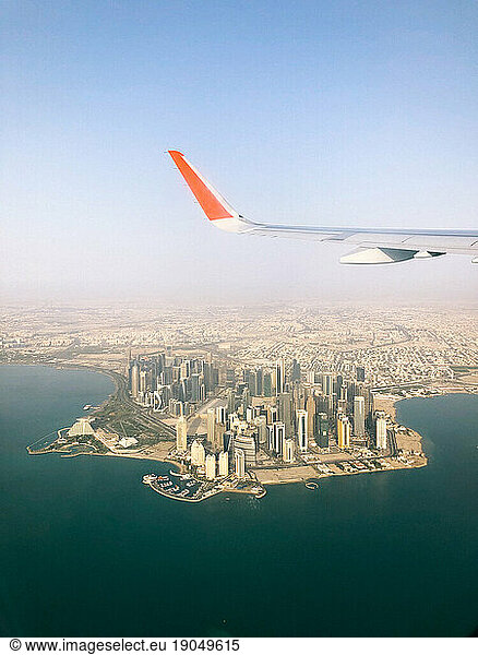 View on Doha city from airplane