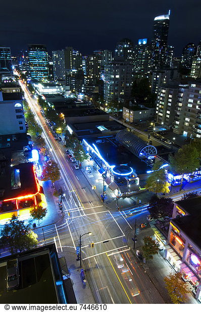 View on Vancouver by night  on the crossing of Helmcken Street and Howe street  Elevated view