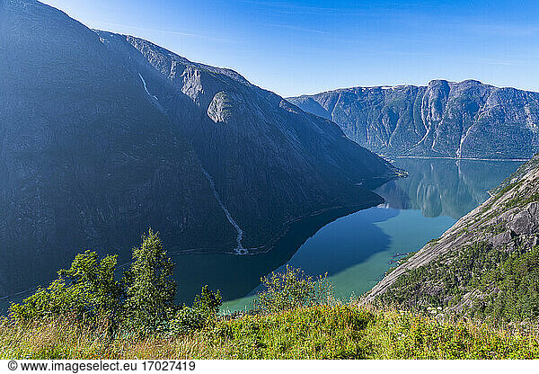 View over Eidfjord from the mountain farm of Kjeasen  Vestland  Norway  Scandinavia  Europe