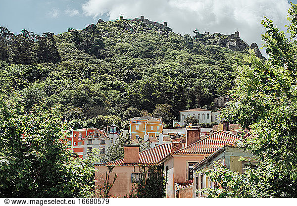 View over roofs of Sintra to the hill and The Castle of the Moors