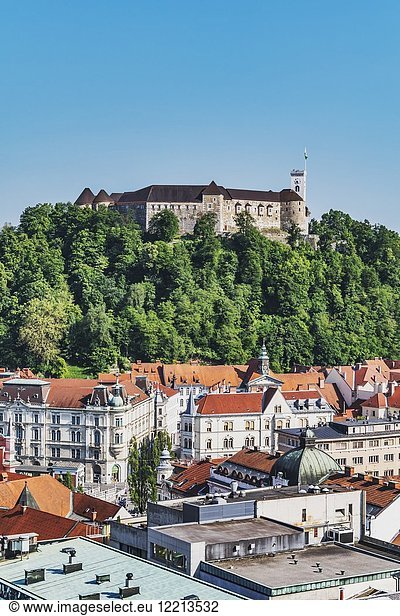 View over the old town of Ljubljana to the castle. The Ljubljana Castle is a powerful medieval fortress and the symbol of the Slovenian capital  Ljubljana  Slovenia  Europe.