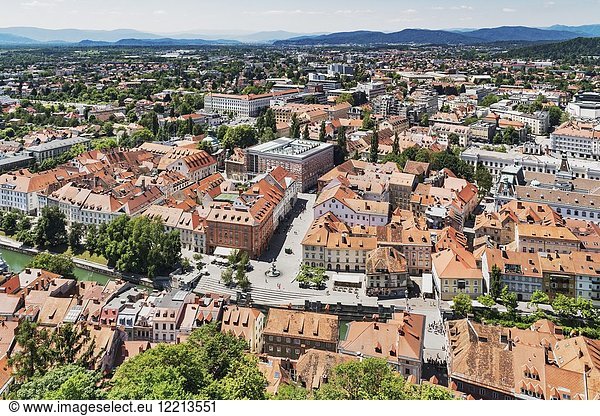 View over the old town of Ljubljana to the Slovenian National and University Library (Narodna in univerzitetna knjiznica). The building was built by Joze Plecnik between 1936 to 1941  Ljubljana  Slovenia  Europe.