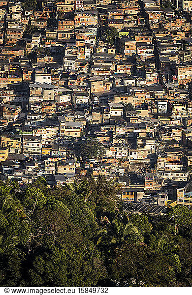 View to poor residential ghetto homes in Morro do Borel favela slum