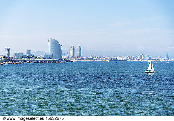 View to skyline of Barcelona from Mediterranean Sea  Spain