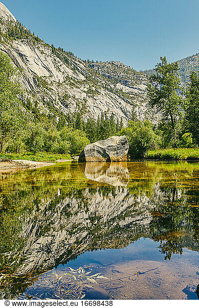 Views of Mirror Lake during the day in Yosemite National Park.