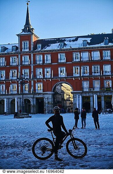 Views of Snowy Plaza Mayor Square with people taking pictures and enjoying on January 11  2021 in Madrid  Spain. Storm Filomena brought more than 50cm of snow to the Spanish capital  the most in decades.