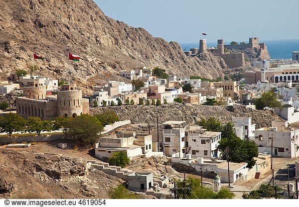 Views of the ancient Muscat and Portuguese Fort. Muscat. Oman. Persian Gulf. Arabia  Middle East.