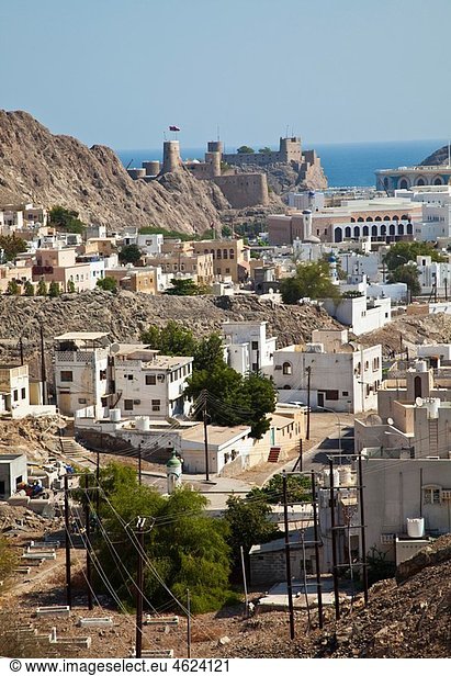 Views of the ancient Muscat and Portuguese Fort. Muscat. Oman. Persian Gulf. Arabia  Middle East