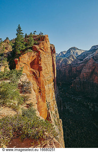Views of Zion Park mountains from Angel's Landing during summer.