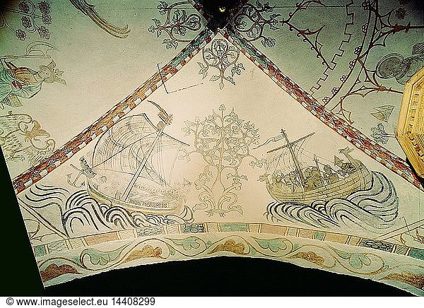 Viking ship with dragon prow carrying warriors to attack second vessel on right. 14th century painting in Danish church