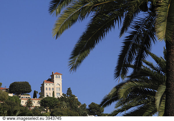 Villa Varavilla in Roquebrune Cap Martin überhalb von Monaco  im Vordergrund Palmen (Phoenix canarienses)  DÈpartement Alpes Maritimes  RÈgion Provence Alpes CÙte d'Azur  Südfrankreich  Frankreich  Europa