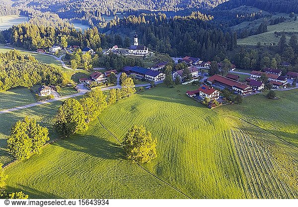 Village Jachenau  Isarwinkel  aerial view  Upper Bavaria  Bavaria  Germany  Europe