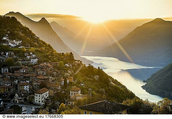 Village view Brè  sunrise  Monte Brè  Lugano  Lake Lugano  Lago di Lugano  Ticino  Switzerland  Europe