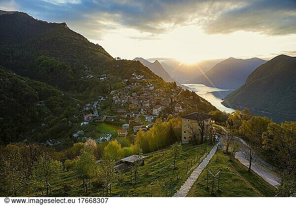Village view Brè  sunrise  Monte Brè  Lugano  Lake Lugano  Lago di Lugano  Ticino  Switzerland  Europe