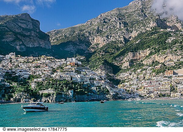 Village view from the sea with the mountain backdrop  Positano  Amalfi Coast  Gulf of Salerno  Campania  Southern Italy  Italy  Europe