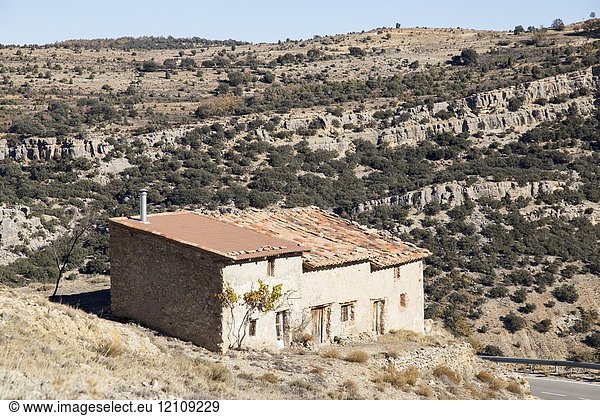 Villarluengo from above Medieval architecture Maestrazgo county. Teruel Aragon Spain.