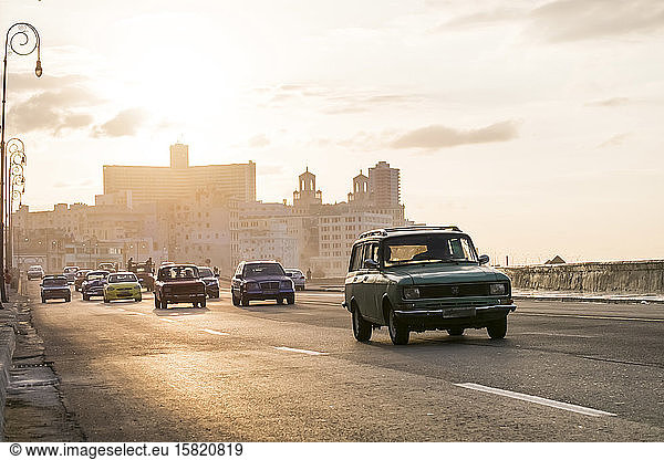 Vintage cars on the street at Malecon  Havana  Cuba