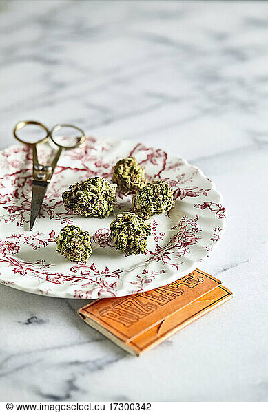 Vintage looking still life of Berry White cannabis flowers